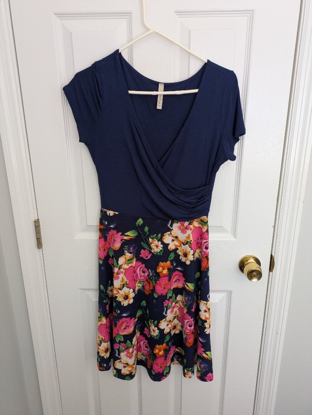 Gilli for ModCloth Floral Fauxwrap Fit & Flare Dress – Navy, Size M